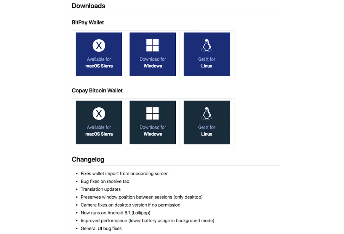 Copay wallet Github download section screenshot Copay wallet Github download section screenshot