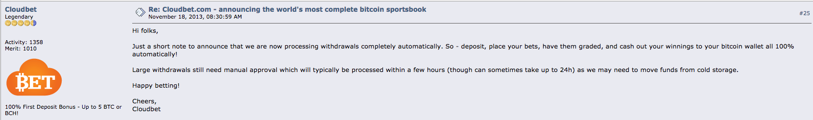 BitcoinTalk Cloudbet Instant Withdrawals BitcoinTalk Cloudbet Instant Withdrawals