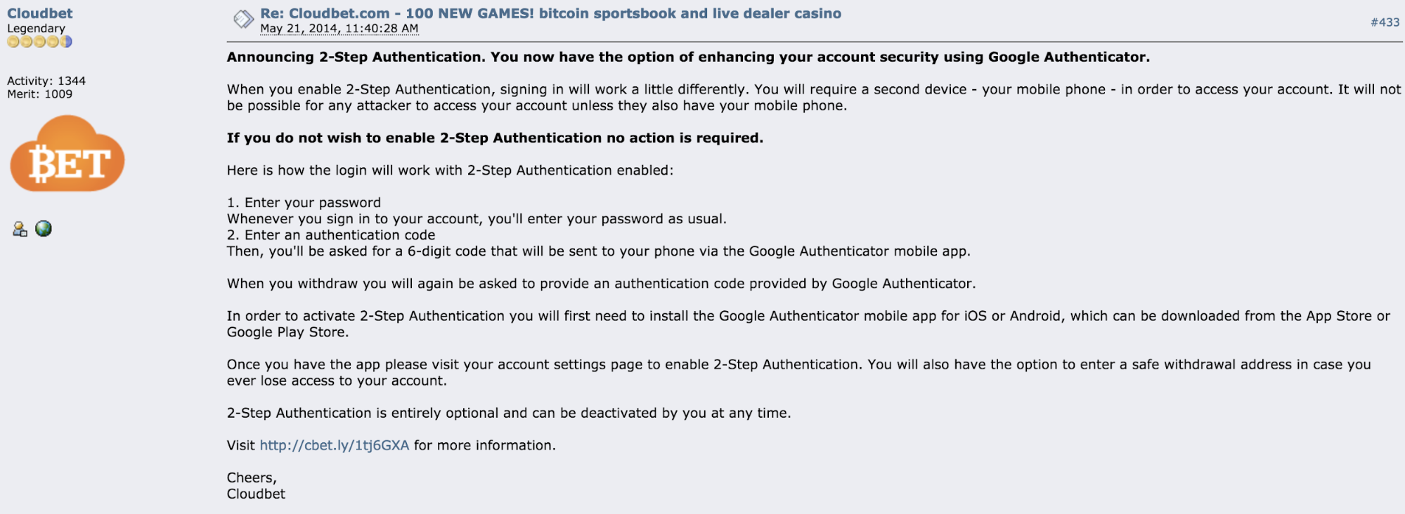 Bitcoin Talk Cloudbet 2FA Bitcoin Talk Cloudbet 2FA